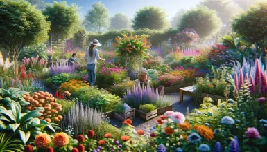 Frau in Garten mit Blumen