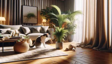 Katze mit Pflanzen im Wohnzimmer